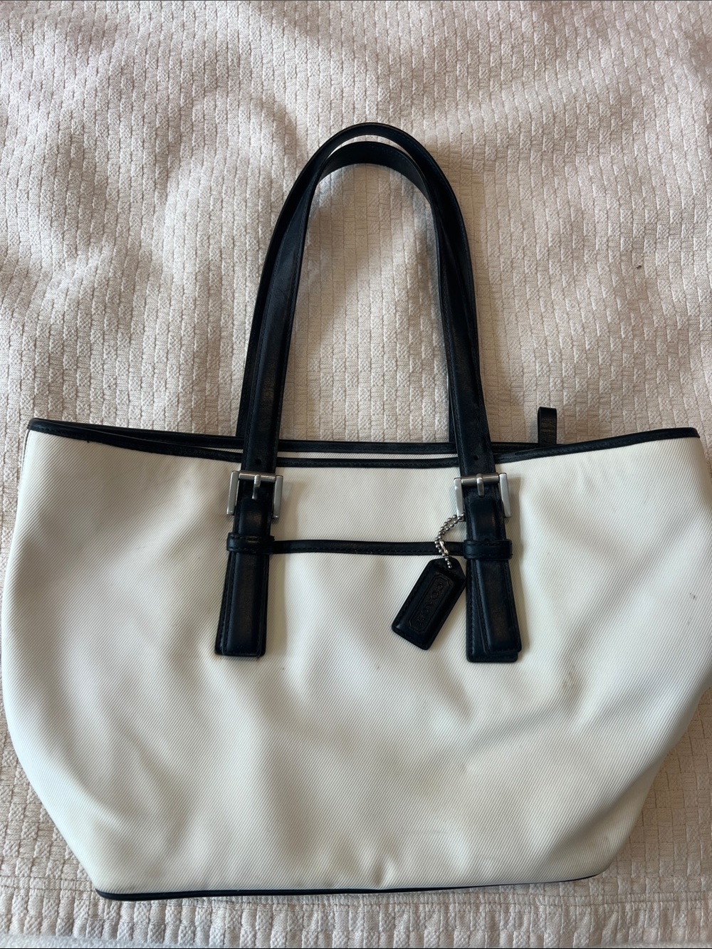Coach Two-Tone White and Black Leather-Trim Tote